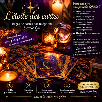 Une Question un doute besoin dit voir plus clair ?  je vous accompagne avec l’oracle Gé lors d’un tirage de carte par téléphone , pour éclairer votre chemin et vous aider à avancer plus sereinement.